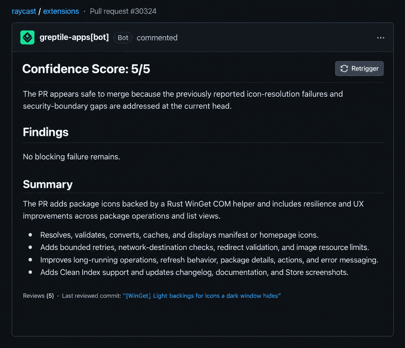 Recreated fifth Greptile review: 5/5, previously reported issues addressed and no blocking failure reported.