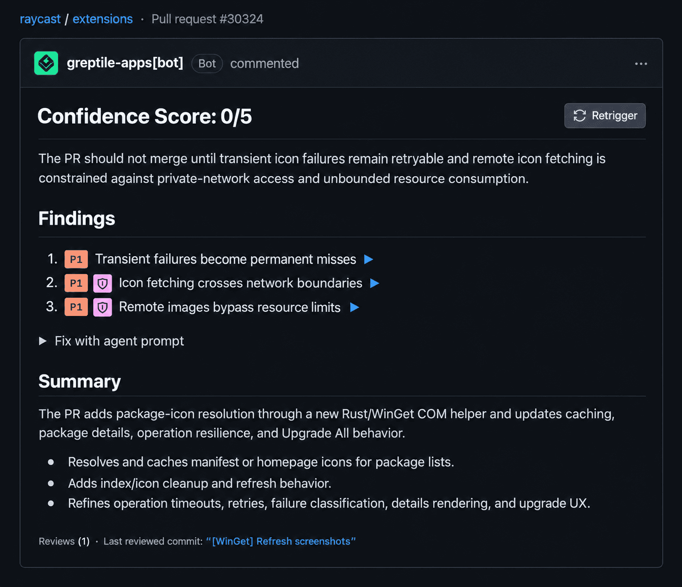 Recreated first Greptile review: 0/5, three P1 findings including two security issues.