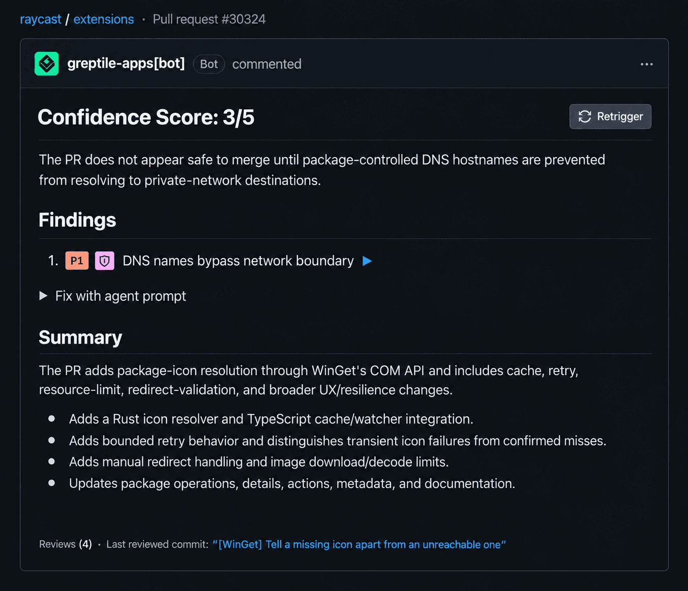 Recreated fourth Greptile review: 3/5, a P1 security finding about DNS names bypassing network checks.