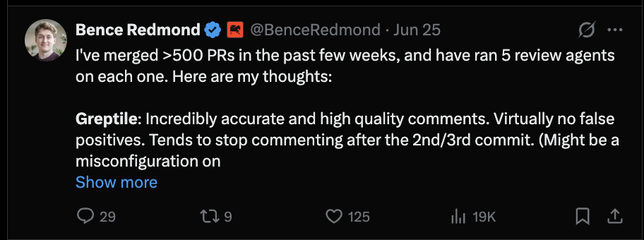 Post from Bence Redmond praising Greptile's accuracy and low false-positive rate