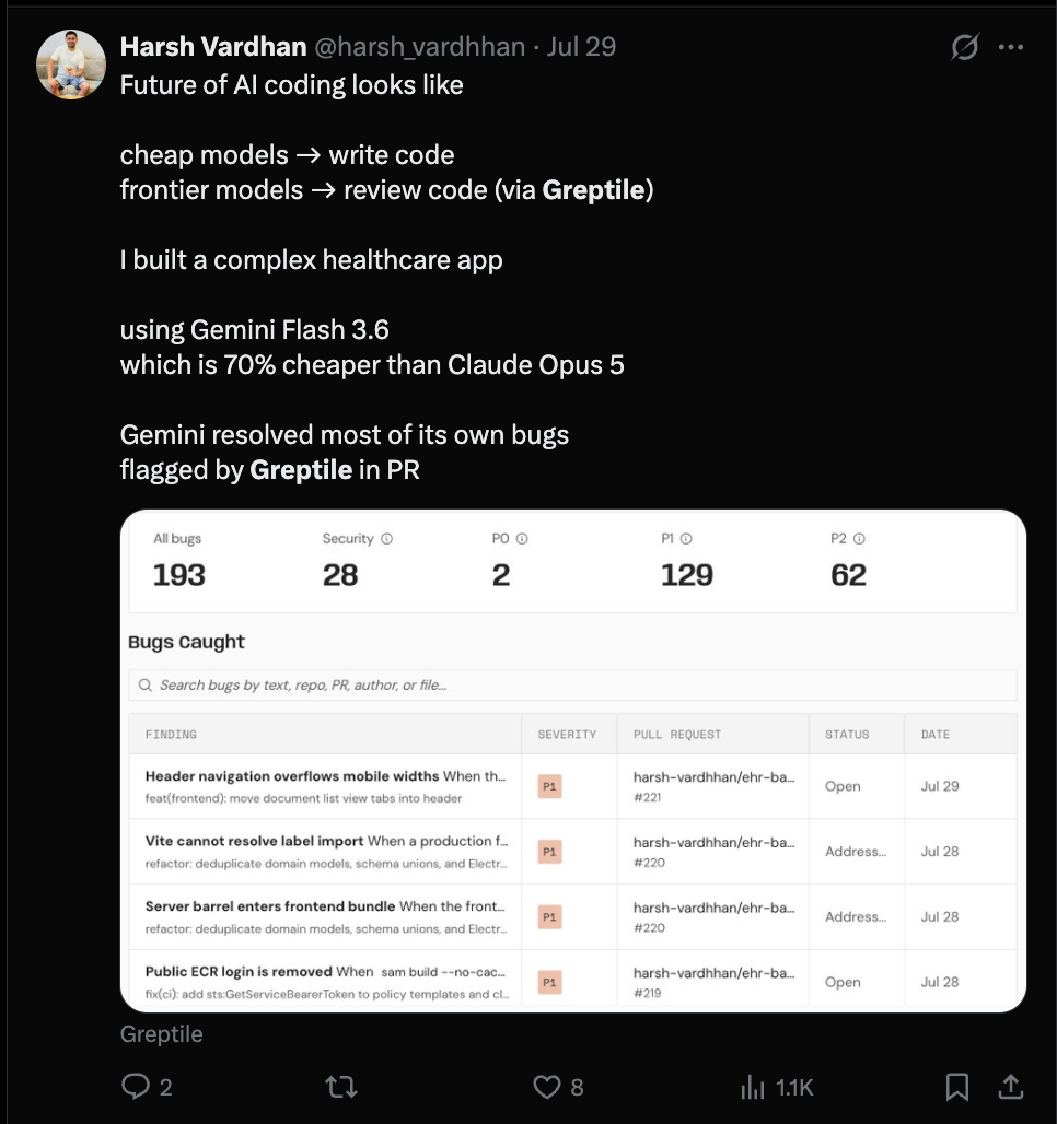 Post from Harsh Vardhan describing Greptile catching bugs in an AI-generated healthcare app