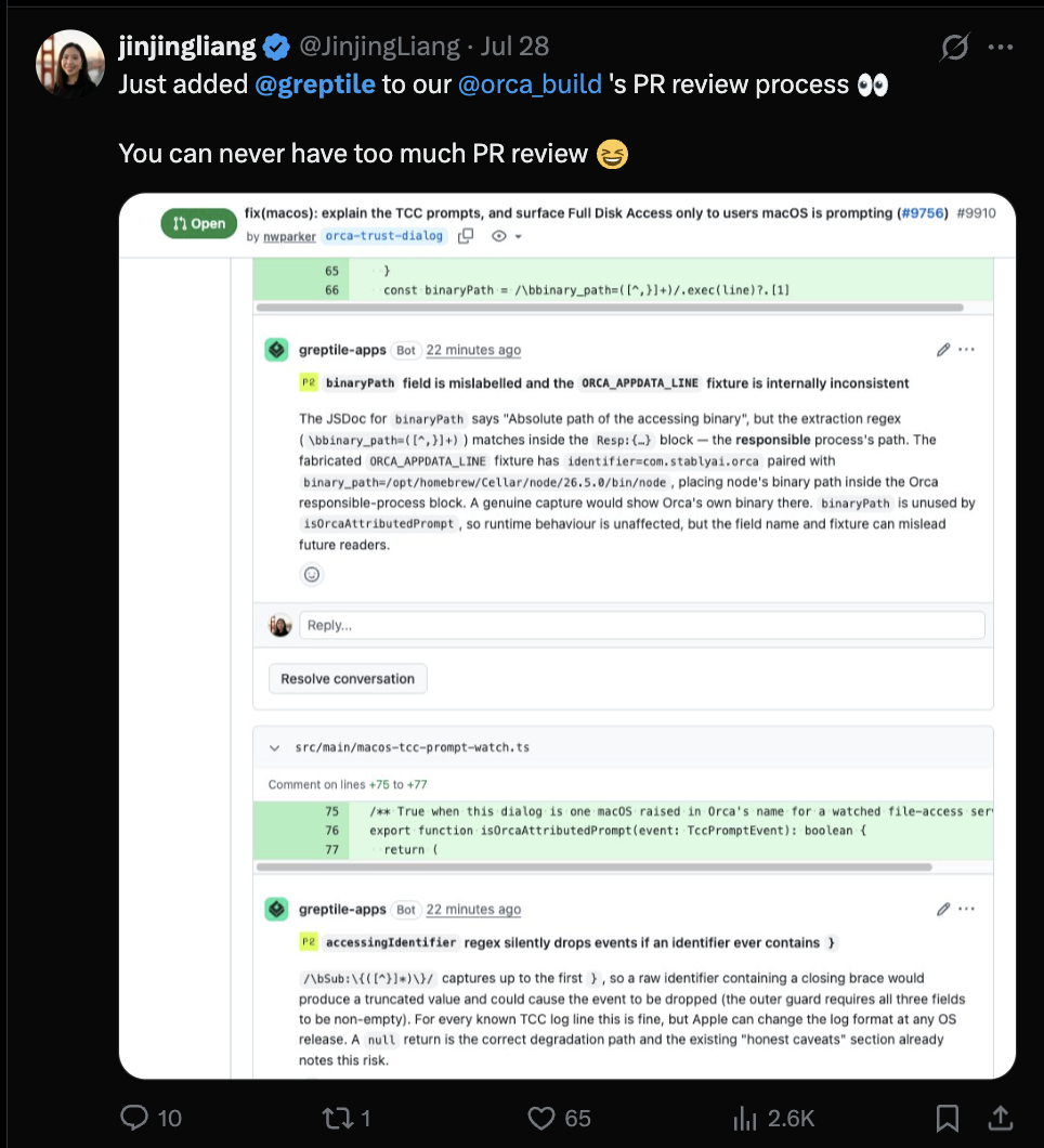 Post from Jinjing Liang showing Greptile in Orca's pull request review process