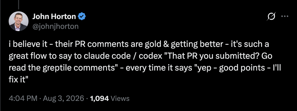 Post from John Horton praising Greptile's pull request comments
