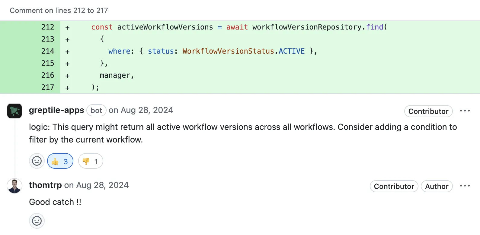 Greptile providing a context-aware code review